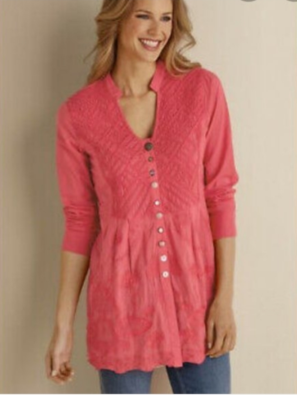 Soft Surroundings Coral Alka Tunic Top Embroidered Ornate Buttons Size Petite M